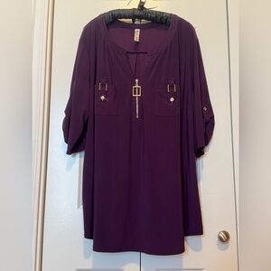 Per Seption Purple Blouse – Women’s 3X – Gold Button & Zip Detail Top